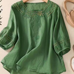 NEW green embroidered lightweight cotton 3/4 sleeve top XXL fits like XL